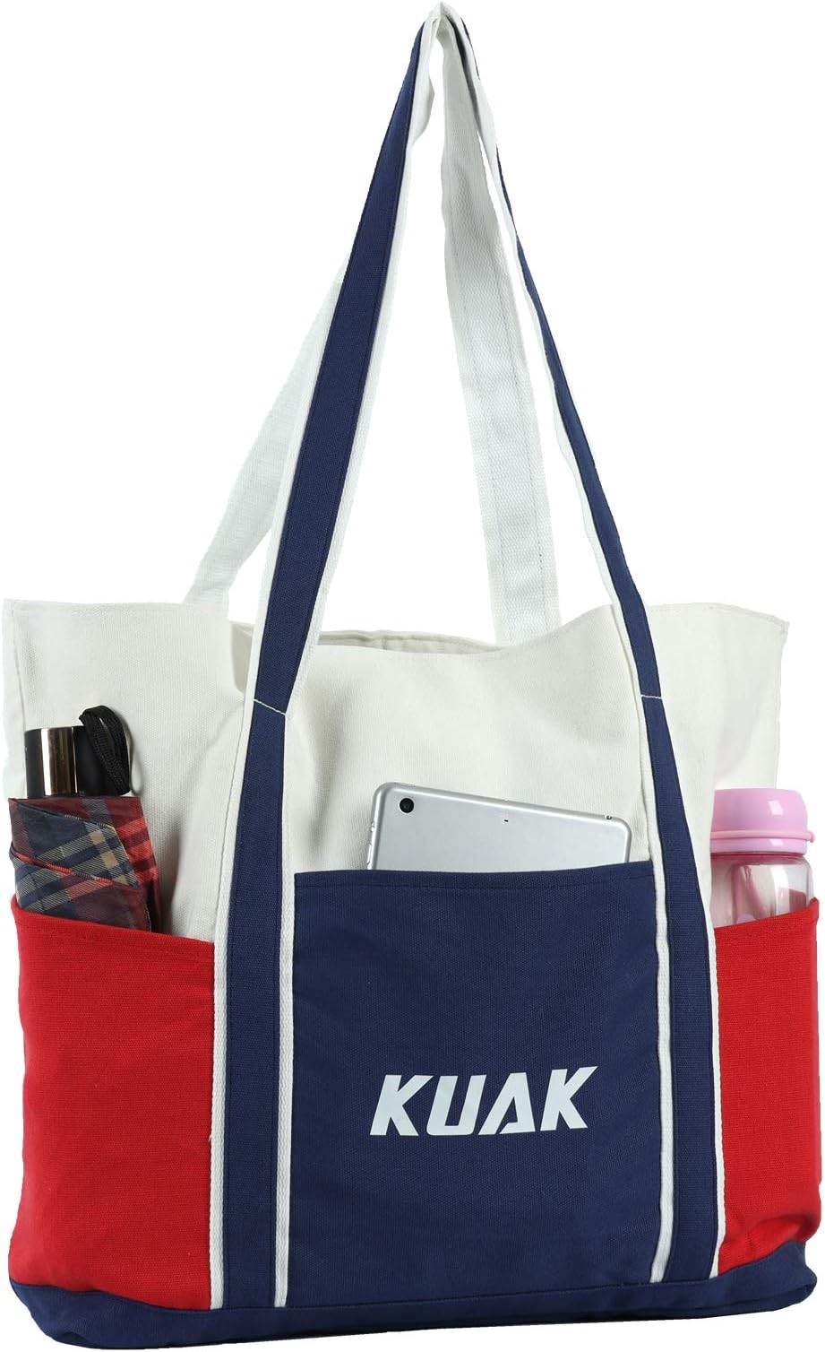 KUAK Large Beach Tote Bag, Canvas Beach Bag with Multiple Pockets, Trolley Sleeve, Coin Purse, Shoulder Travel Shopping Tote Bags for Women