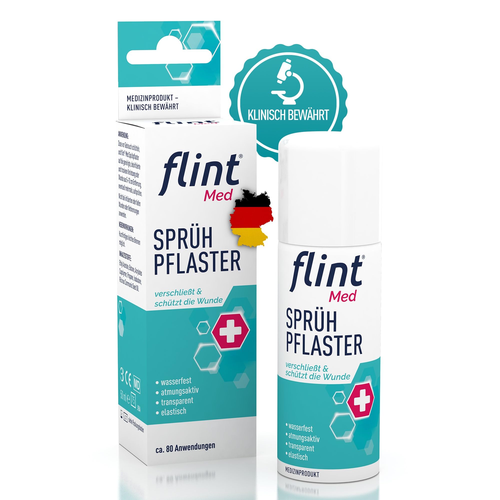 flint Med Sprühpflaster – Verschließt und schützt die Wunde, wasserfest, atmungsaktiv, elastisch und transparent, Pflasterspray klinisch bewährt, bis zu 80 Anwendungen, 50 ml