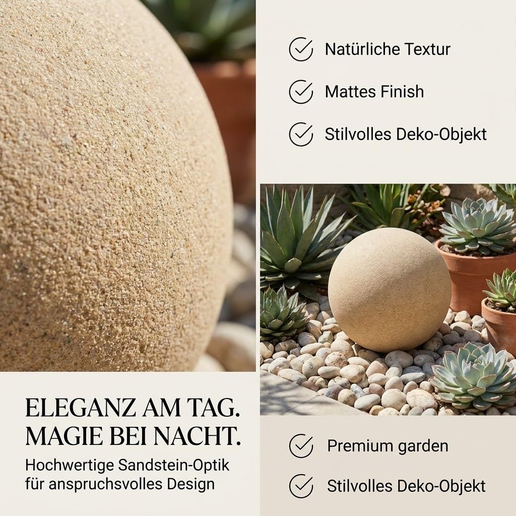 Kugellampen für Außen 30 cm Sandstein IP65, Garten Kugelleuchte E27 ohne Leuchtmittel, Wetterfest mit 3 m Kabel, Leuchtkugel Outdoor LL BELO