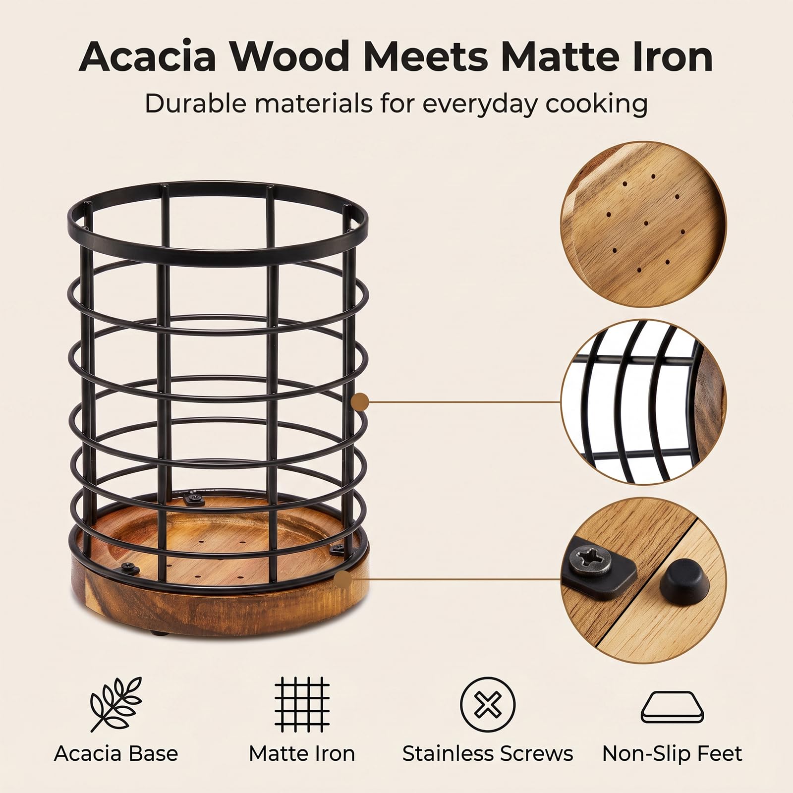 WILDMOS Soporte para utensilios para encimera de cocina, alambre negro con base de madera, soporte para utensilios de cocina de madera grande, organizador de utensilios de cocina.