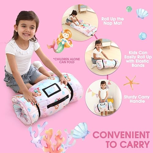 Miniatura 24 de ACRABROS Tapete para siesta para niños pequeños con almohada y manta, alfombrillas enrolladas extra grandes, sacos de dormir para niños y niñas