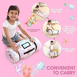 ACRABROS Toddler Nap Mat with Pillow and Blanket, Extra Large Rolled Napping Mats,Slumber Bags for Boys Girls,Kids Sleeping Bag for Daycare, Preschool Travel Camping, Shell Mermaid