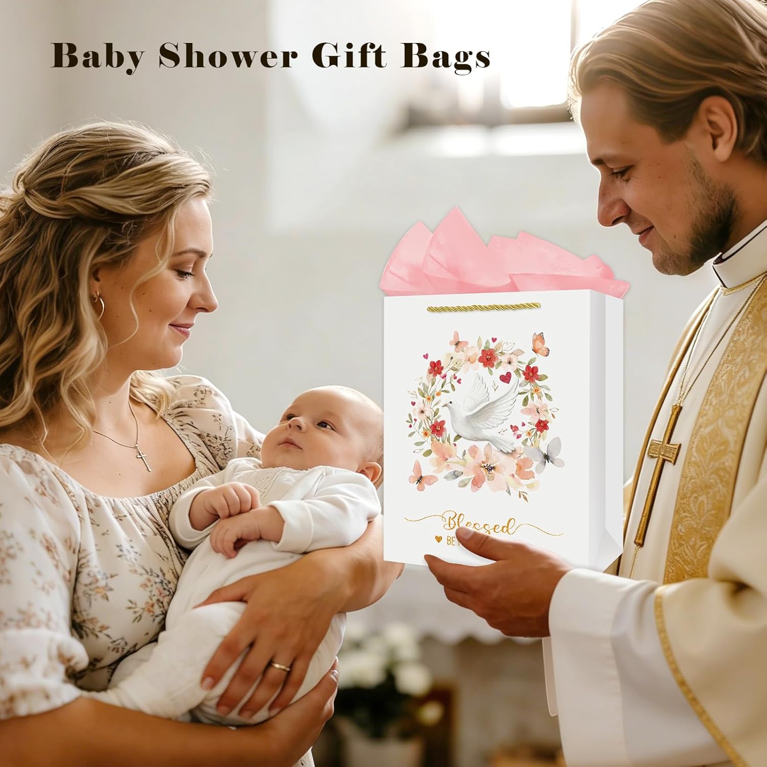 FLYAB White Dove Gift Bags Medium Size Christian Gift Bags with Pink Tissue Paper Blessed Beyond Measure Gifts Bags for First Communion Baby Shower Birthday Christening Religious Gifts 9''x5''x11.4'' - Image 5