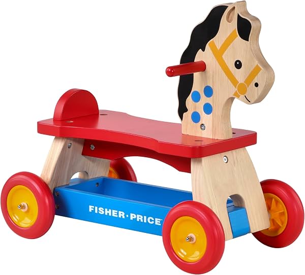 Juguete de montar de madera retro Fisher-Price para niños pequeños, madera real de Dynacraft con almacenamiento bajo el asiento, ruedas aptas para interiores, estilo clásico vintage para edades de 1.5 a 3 años, 1 unidad