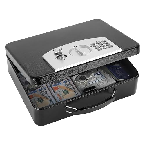 KYODOLED Safe Box with Digital Keypad Lock, Lock Box with Code for Personal Items, Metal Security Box for Cash, Passport, Jewelry, Ideal for Home, Office, Garage Sale, 11.8'' x 9.4'' x 3.5'', Black - Black