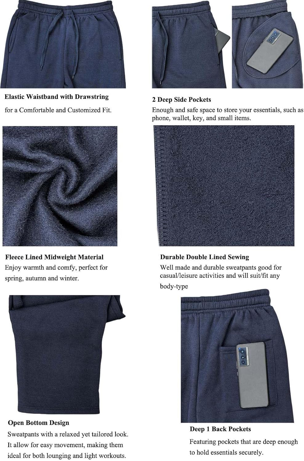 Fleece Sweatpants for Men with Pockets Drawstring Waistband Baggy Gym Workouts Lounging Sweat Pants Open Bottom - Image 3