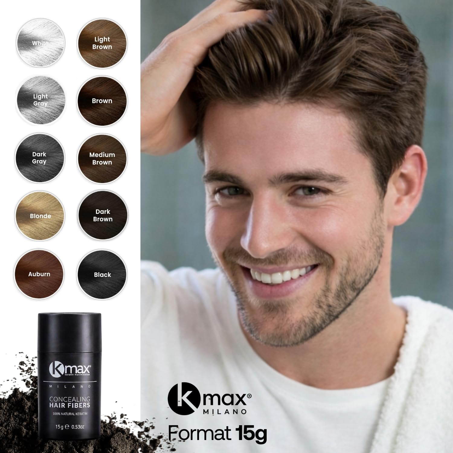 Kmax Haarpuder aus Keratin haare 15 g, Professionelles volumen puder haare natürliche, ansatzpuder zur Abdeckung von Kahlstellen – Schwarz