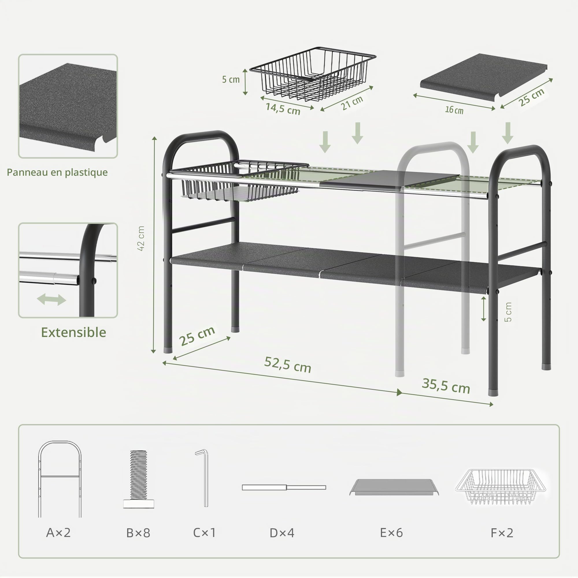 NETEL Organisateur de meuble d'évier, étagère de cuisine extensible avec 6 plaques mobiles et 2 paniers, largeur extensible (52,53-82 cm)