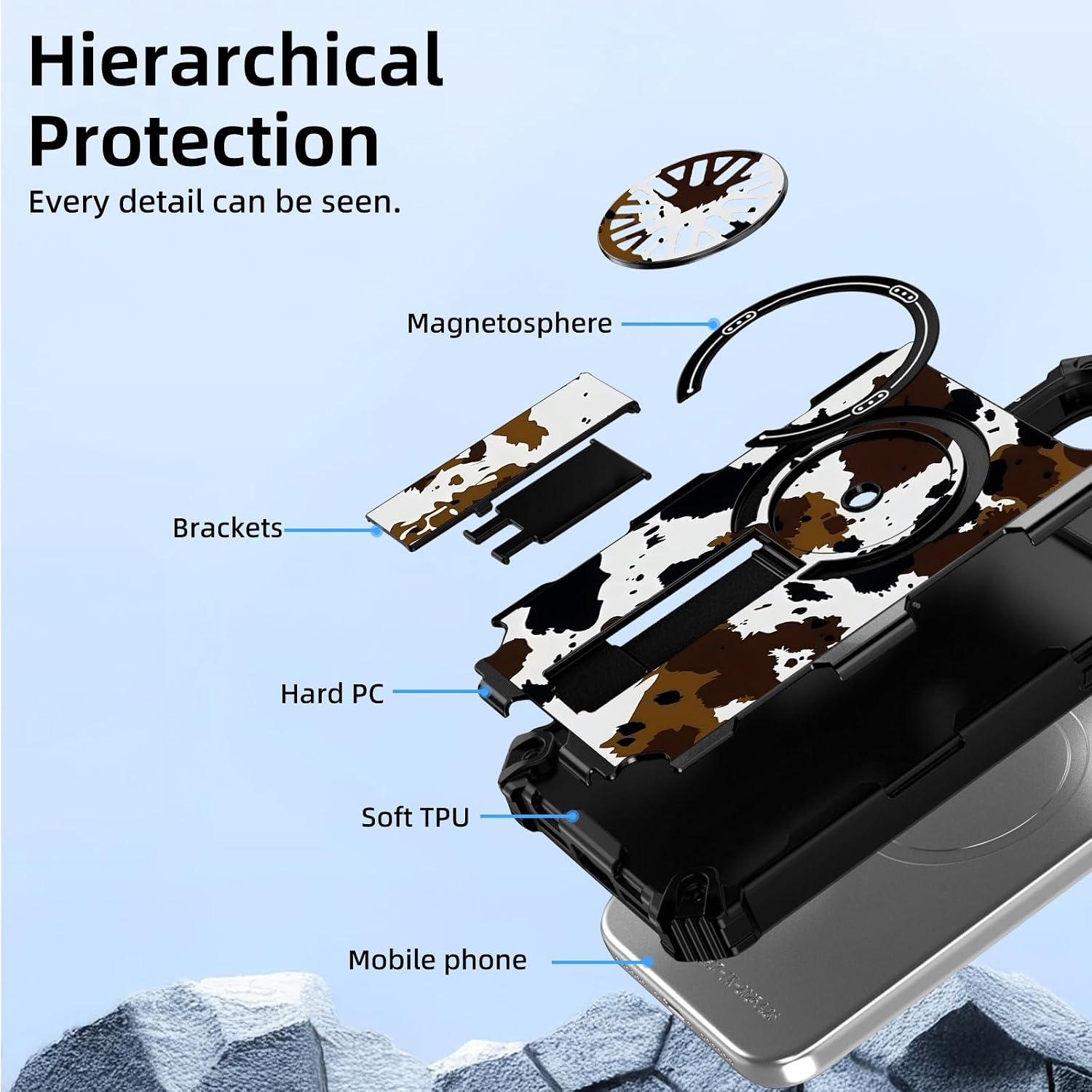 for iPhone 15 Pro Max Case, Heavy Duty Shockproof Bumper Cover, Magnetic Back & Kickstand, Wrist Strap, Rugged Protective Phone Case for iPhone 15 Pro Max, Cow Print