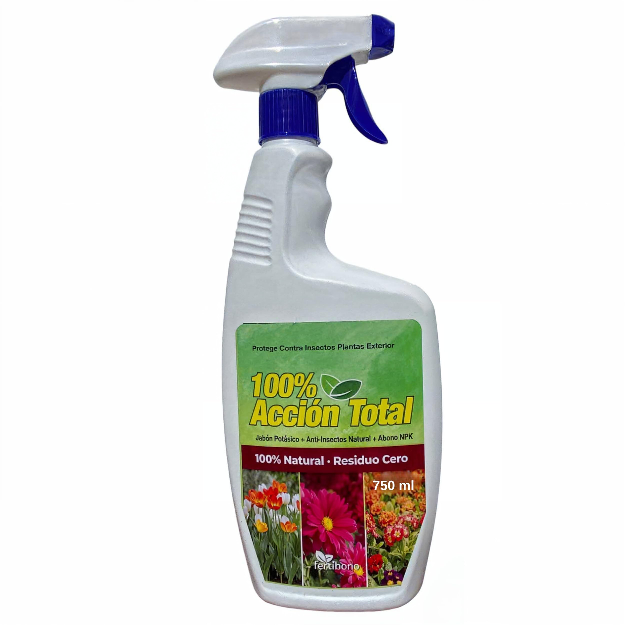 FERTIBONO ACCION TOTAL - Jabón Potásico, Abono NPK y un Potente Limpiador de Hojas de Pulgón, Acaros, Cochinillas, Minador, Ácaros. Uso Plantas Exterior, 750ml.