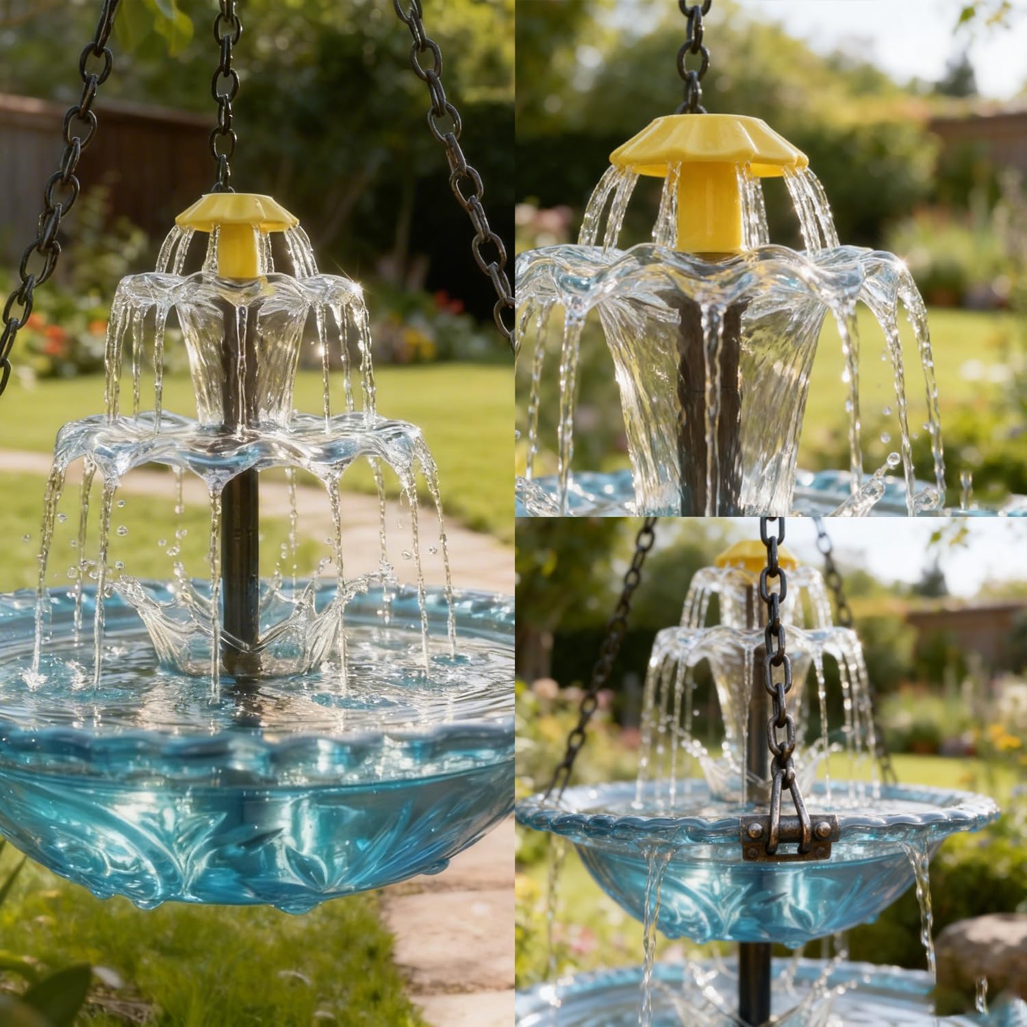 Hanging Bird Bath Fountain with Feeder, 3-Tier 9.25-inch Stacked Glass Bowls, Solar Pump, Blue - Outdoor Garden Patio Backyard Lawn Decoration
