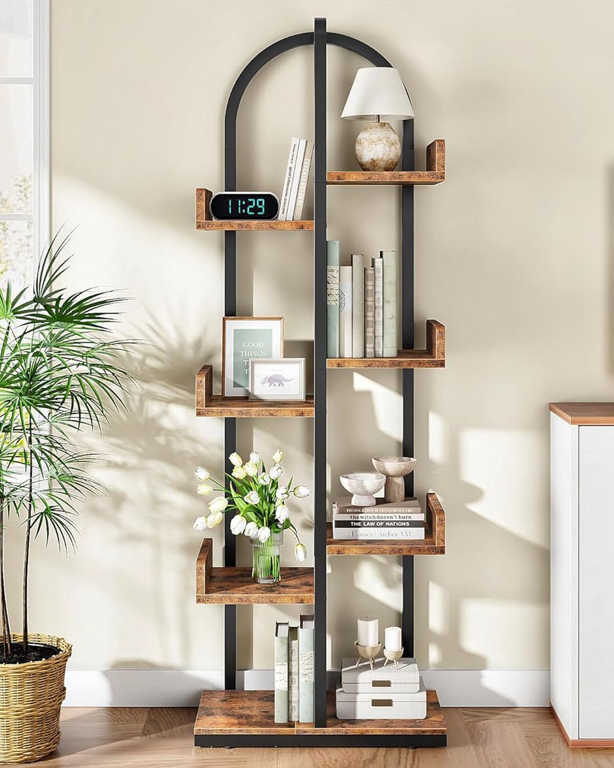 Corner Bookshelf, Curved 6-Tier Bookcase with Anti-Tip Kit, Adjustable Feet and Staggered Shelves for Living Room, Bedroom, Study, Office, Rustic Brown and Black TSJ06BF