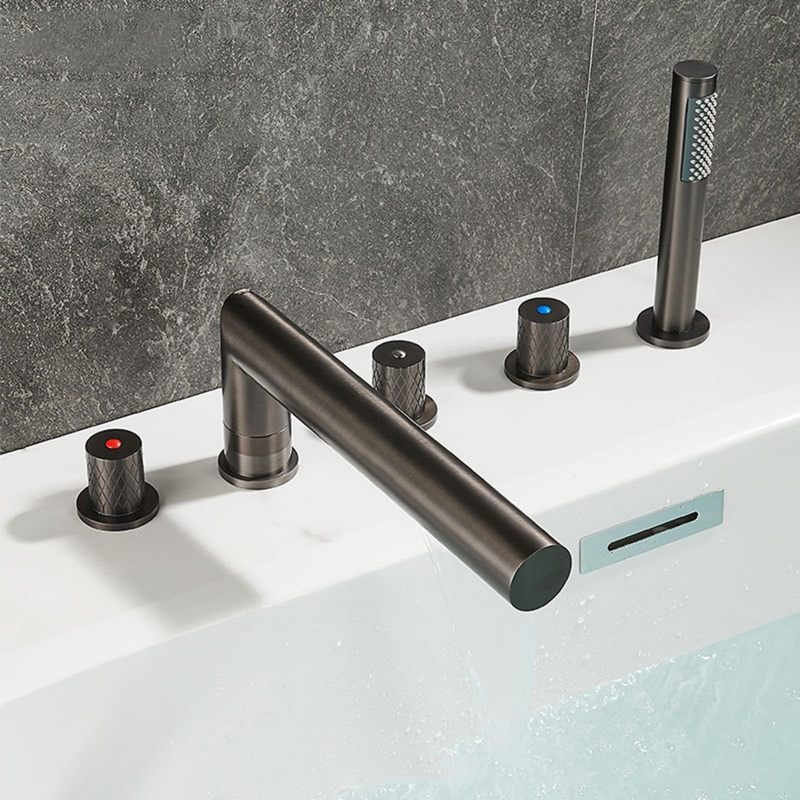 SnamicE Bath Shower Mixer Tap Black Bathtub Hand Shower Tap Set Bathroom 5 Hole Tub Mixer Faucets,Grey