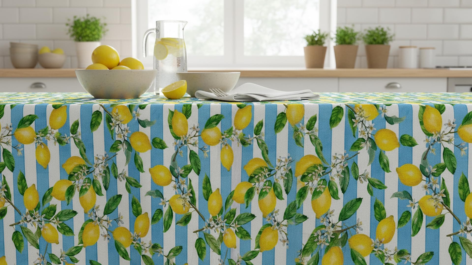 Vilber, Mantel, Corte de Tela de Algodón/Poliester de Fibras recicladas. Resinado, Antimanchas, Impermeable, para Interior y Exterior. Lemons.3159 (140x300 cm)