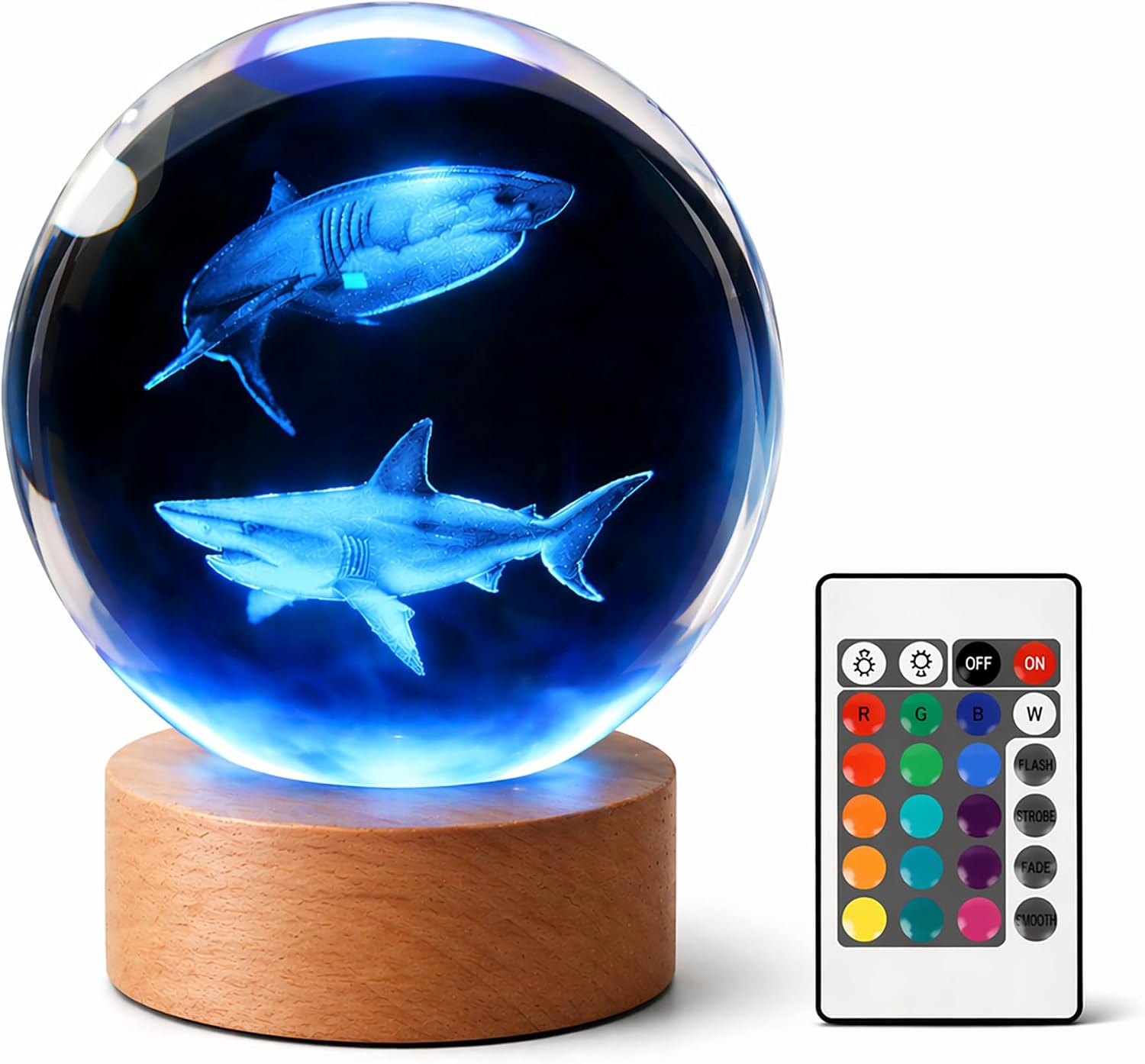 3D Crystal Shark Night Light with Remote Control, 16 RGB Colours & Dimmable Brightness, USB Powered Ocean Theme Crystal Ball Lamp with Beech Wood Base for Bedroom Living Room Home Décor