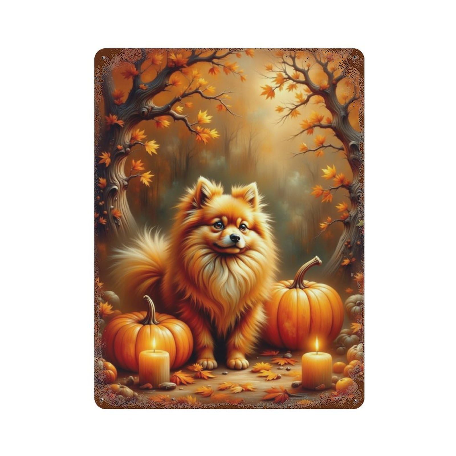 Autumn Pomeranian Pumpkin Scene 15.7"x11.8" Distressed Metal Wall Sign, Retro Wall Decor for Garage, Bar And Workshop Decor
