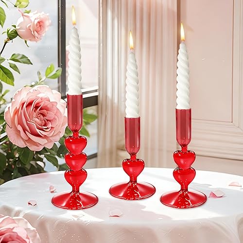 Miniatura 4 de 3Pcs Valentine's Day Glass Candle Holders Red Heart Glass Taper Candlesticks Coquette Crystal Candle Holders for Table Centerpiece Bridal Wedding