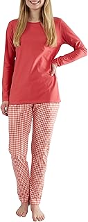 Damen Schlafanzug Langarm - 100% Baumwolle, Pyjama-Set mit Karierter Pyjamahose
