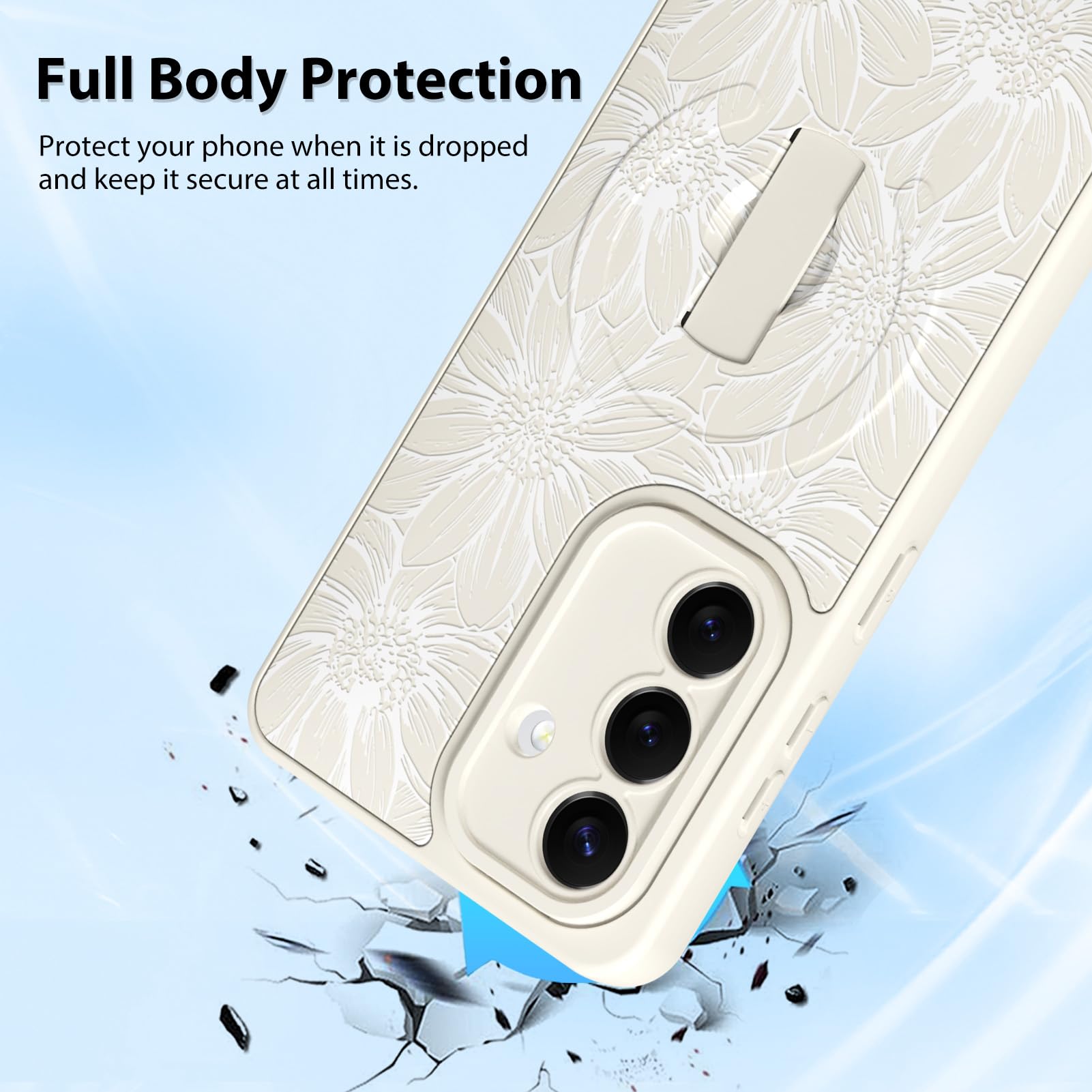 MZELQ Funda de silicona para Samsung Galaxy S26, diseño floral de girasol, soporte para MagSafe, protección de cámara, suave, delgada, para niñas y mujeres, color blanco