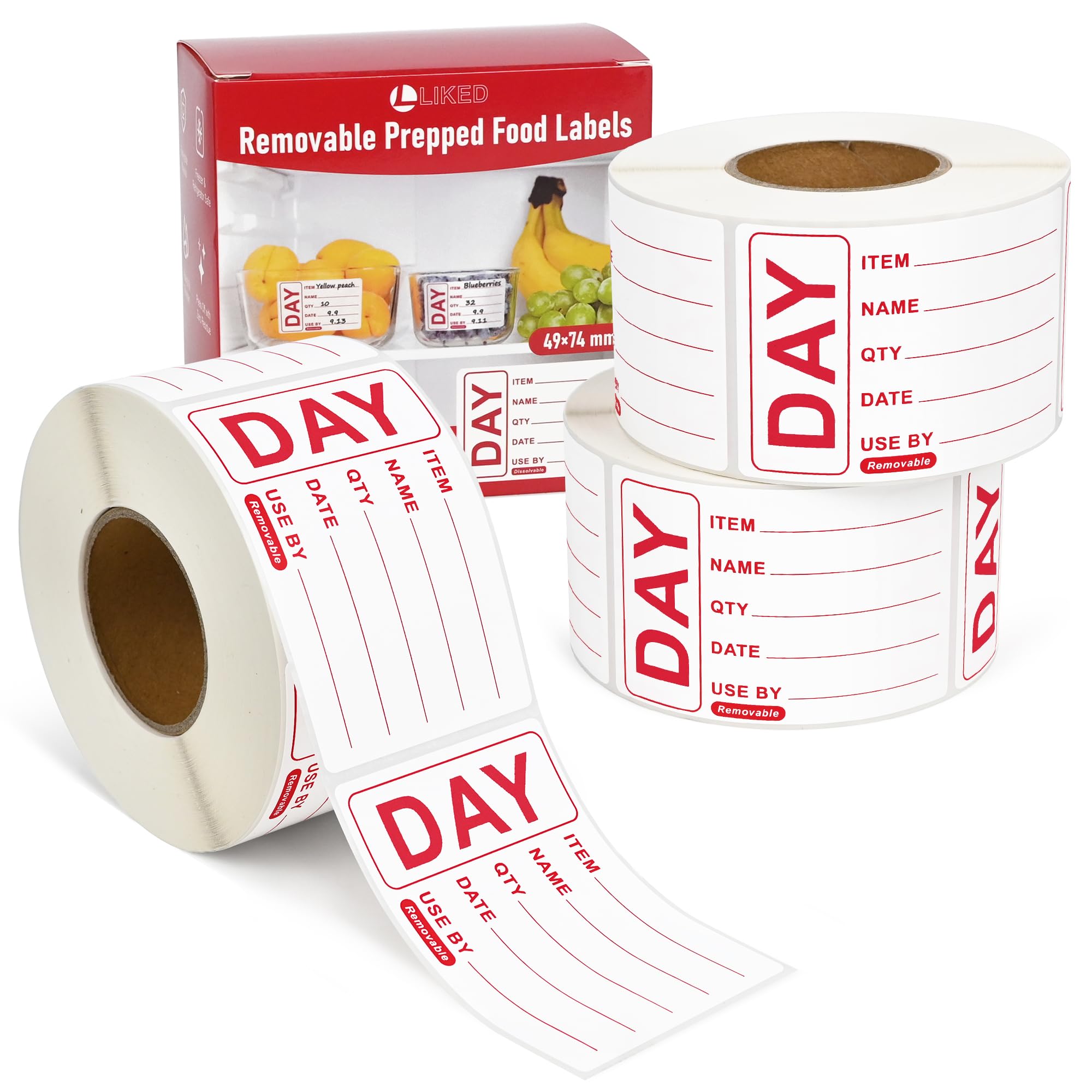 L LIKED 1500 Removable Labels - Repositionable Self Adhesive 49 x 74mm Prepped Food Labels s - Easy Peel Off Leaving No Residue (3 Roll)
