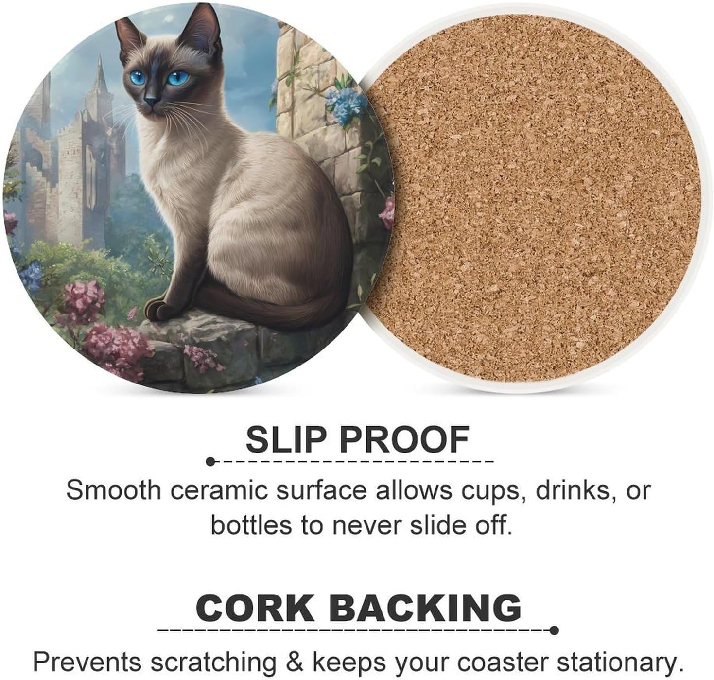 Siamese Cat Castle Funny Round Ceramic Coasters for Drink Absorbent Cup Holders Tabletop Protection