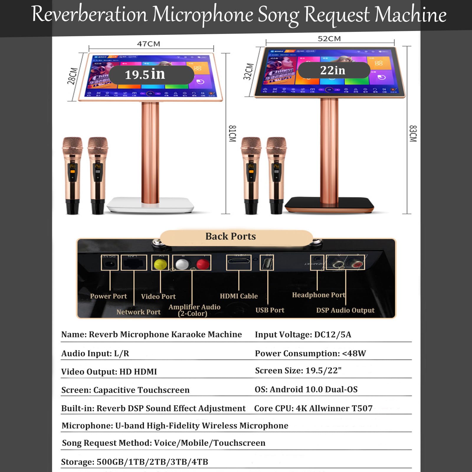 Karaoke Profesional con Pantalla Táctil Capacitiva y Micrófono Inalámbrico, Equipo de Karaoke con Función de Amplificador de Potencia para el Hogar y Bares 22in-2T