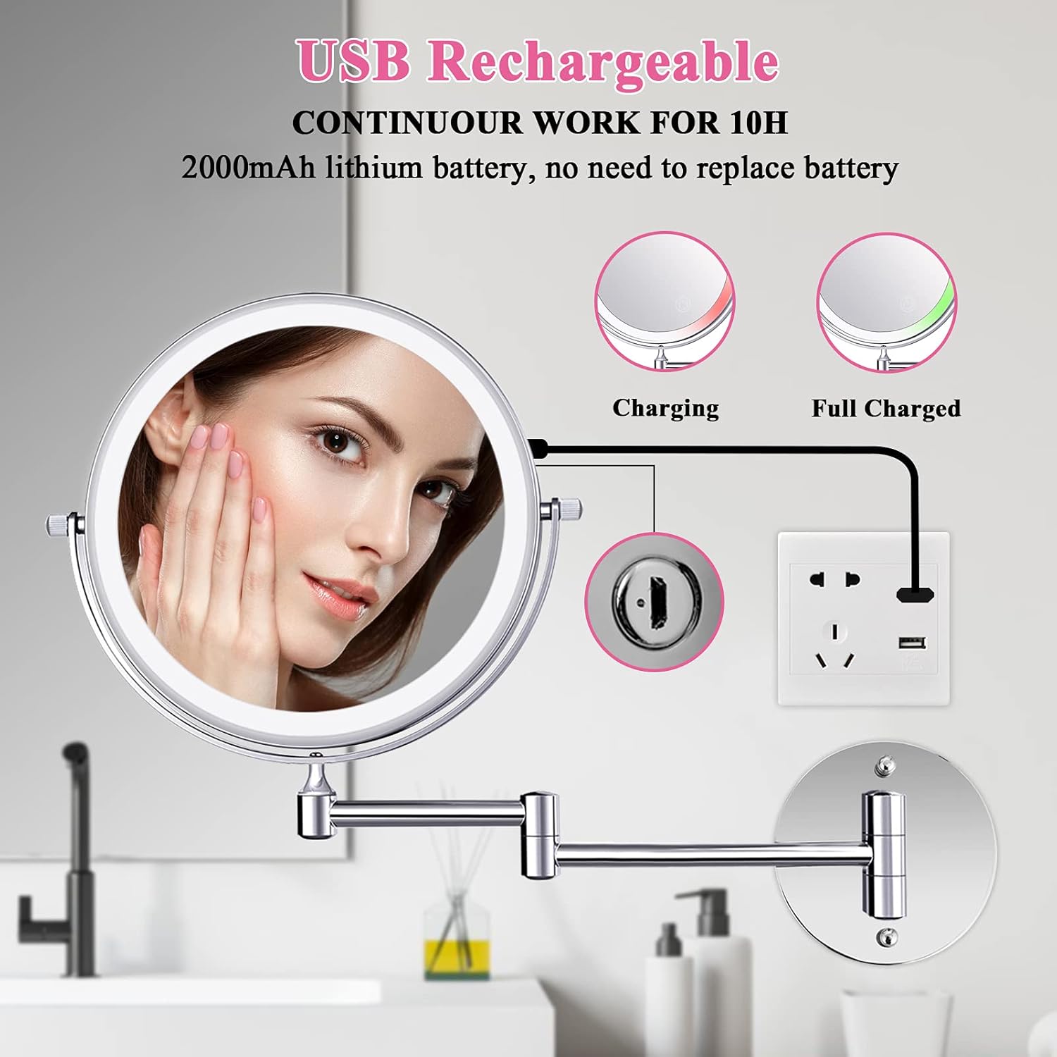 Rechargeable Wall Mounted Makeup Mirror 8 Inch Double Sided 1X/10X Magnifying Mirror, 360° Swivel Vanity Dimmable Mirror with 3 Colors Light, 30 Minutes Intelligent Shutdown Mirror for Bathroom -