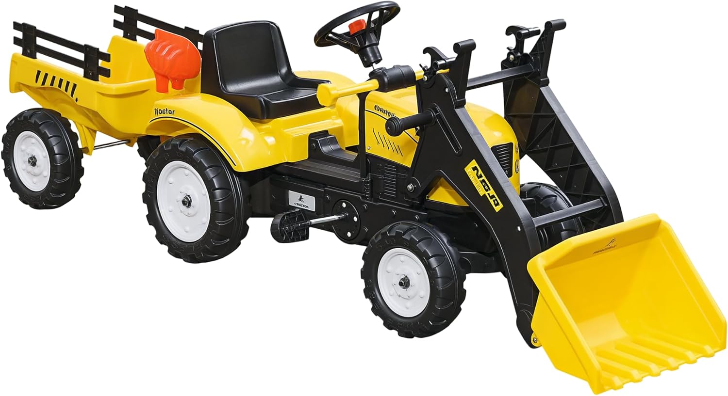 Aosom Kids Ride-On Excavator, Pedal Car Bulldozer, Move Forward/Back with Real Working Dirt Bucket, 6 Wheels, & Cargo Trailer