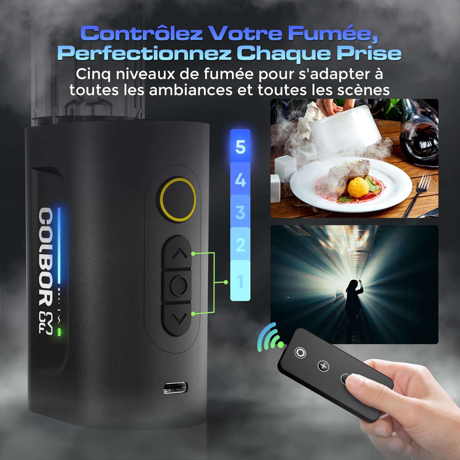 COLBOR CF3 Machine à Fumée Portable pour Photo et Vidéo avec Télécommande | 5 Niveaux d'intensité Réglables, Ventilateur USB inclus pour Diffuser Rapidement la Fumée, Idéal pour Portraits et Cosplay