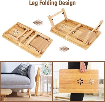 Bamboo Laptop Bed Table with Drawer - Foldable Bed Desk, Wooden Computer Stand for Home Office, Adjustable Height Tray with Anti-Slip Baffle, Natural