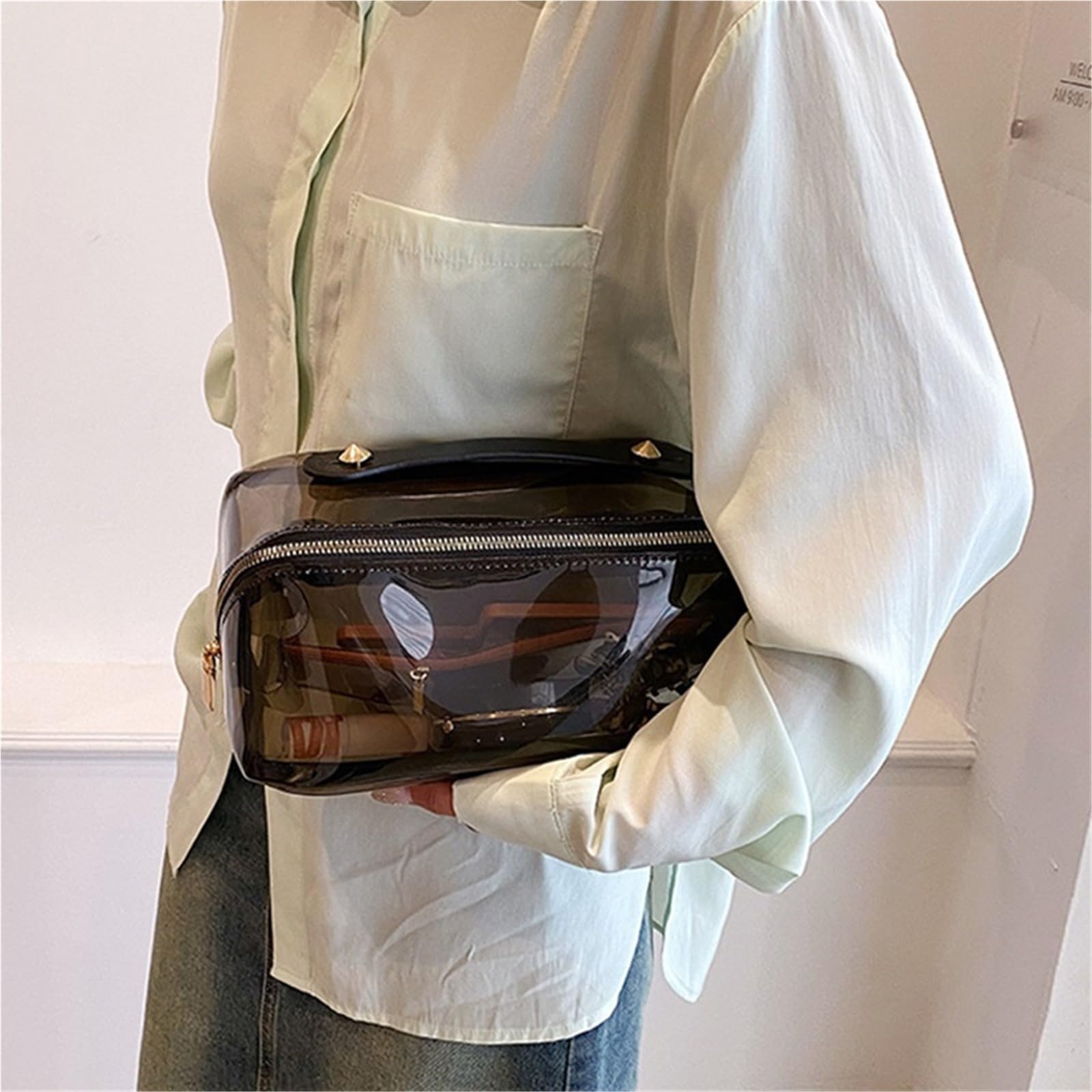 1 borsa trasparente for trucco da donna, cuscino di grande capacità, organizzatore viaggio, for il, toilette portatile, for cosmetici, borse con cerniera Per Viaggi(Brown)