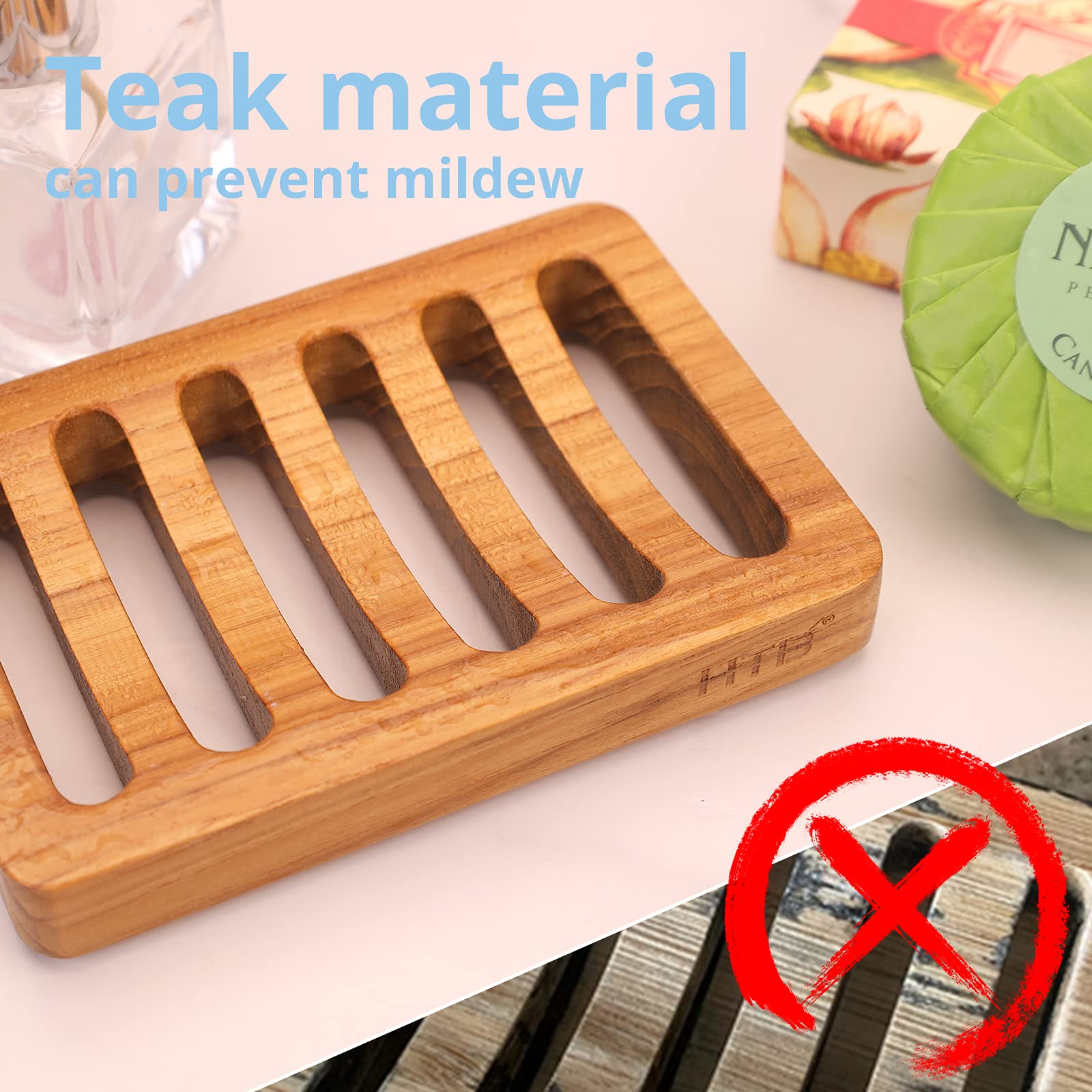 Slotted Bar Soap Holder Teak Wood 2pcs by HTB, Kitchen Wooden Sponge Holder, Self Draining Soap Dish for Shower Sink - Image 2