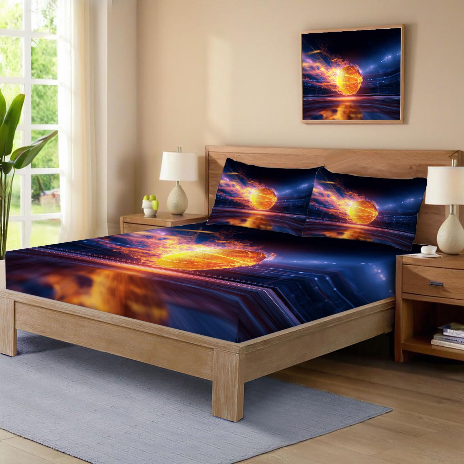 Sábanas 200X190/200Cm - Juego De Sábanas 3 Piezas Estampadas Baloncesto Flame - Microfibra Suave Transpirable - Sábana Bajera Ajustable - Ropa De Cama Estadio Moderno (Azul Marino)
