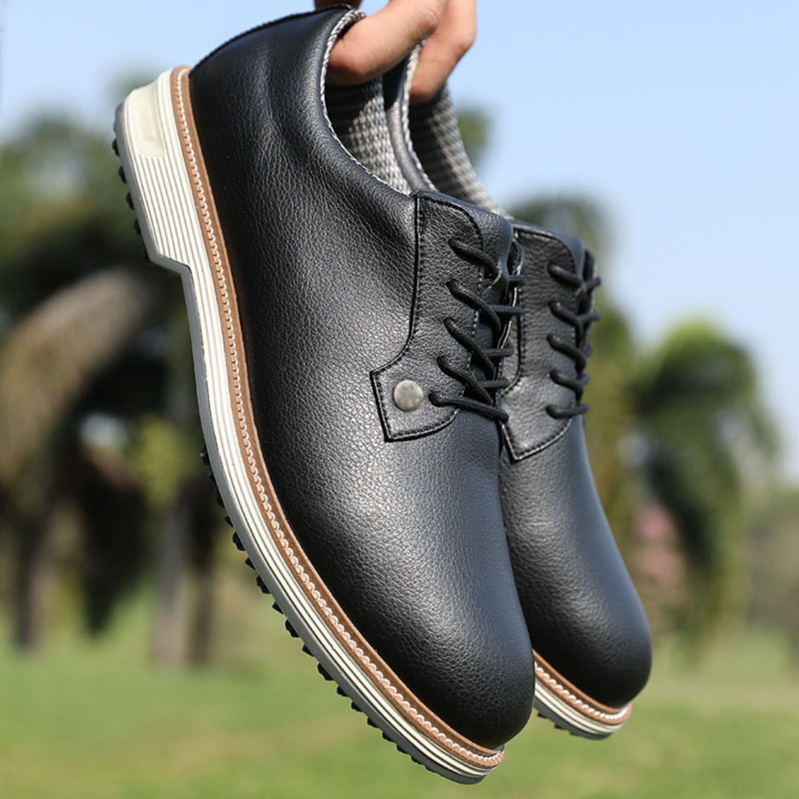 JiuQing Męskie wodoodporne buty golfowe skórzane buty biznesowe bez kolców sznurowane antypoślizgowe do uprawiania sportów na świeżym powietrzu