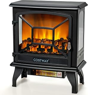 COSTWAY 2000W Electric Fireplace Stove Heater, 1/3-Side View Freestanding Electric Wood Burner with Fire Flame Effect, Adjustable Thermostat & Overheat Protection (20 inch, 3-side view)
