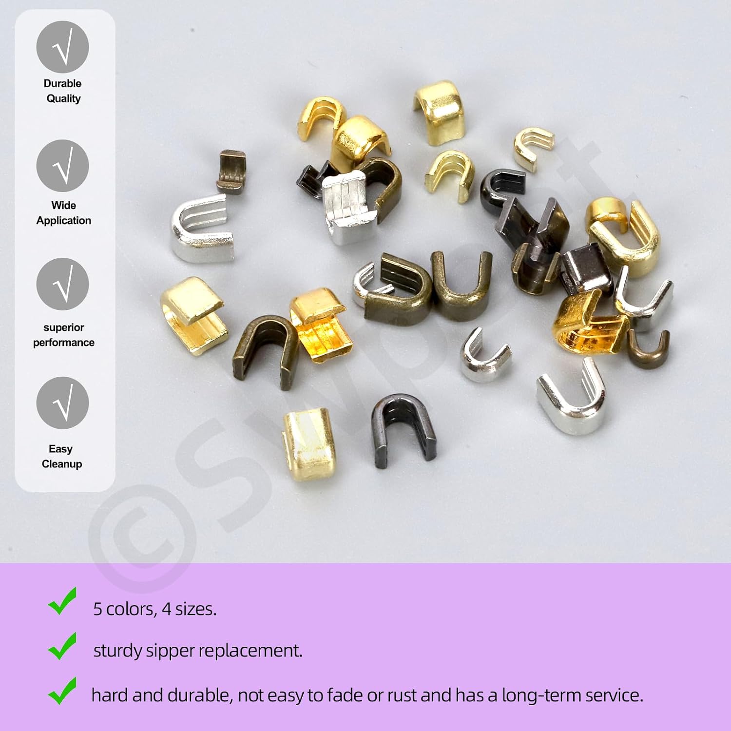 Swpeet 375Pcs 4 Sizes #3#5#8#10 Multicoloured Zipper Slider Retainers Assortment Kit, U Shape Top Stoppers Top Stop U-Clip Replacement Zipper Latch Slider Accessories for Clothing Handbags