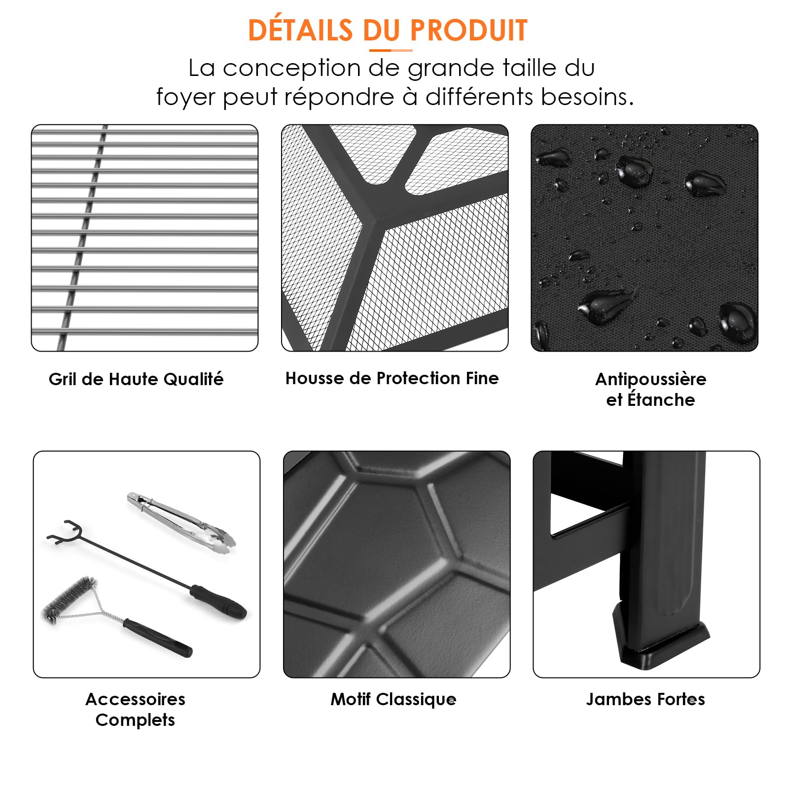 LIFERUN Brasero Exterieur Barbecue 81cm, Brasero de Jardin, Foyer Exterieur | 3 en 1 Chauffage de Terrasse avec Grille, Tisonnier, Pare-étincelles, Maille de Carbone, Pinces à Gril, Brosse, 4 pcs Pied