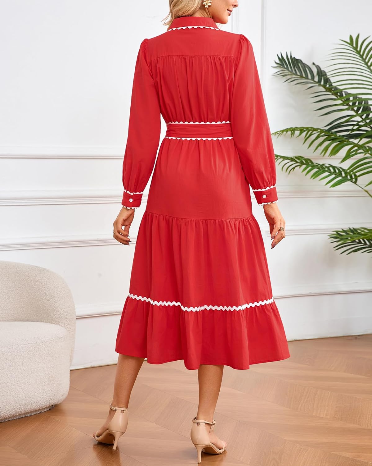 Women's Long Sleeve Midi Dress Casual V Neck Button Down RIC Rac Tiered Flowy Tie Waist Shirt Dress - Image 6