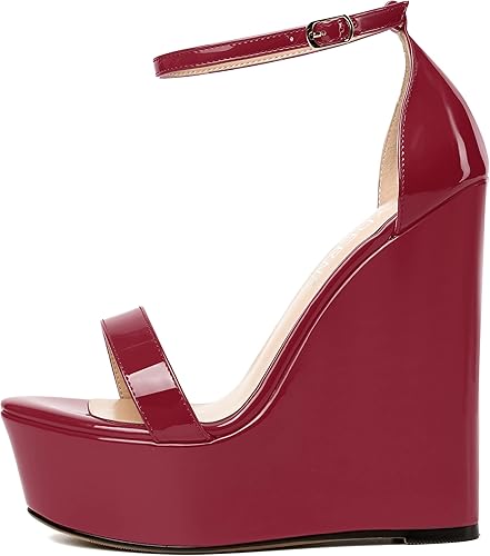 Vista 2 de WAYDERNS Sandalias de tacón alto con plataforma y correa de tobillo para mujer, con hebilla de noche, puntera abierta, de moda, de charol, de 6