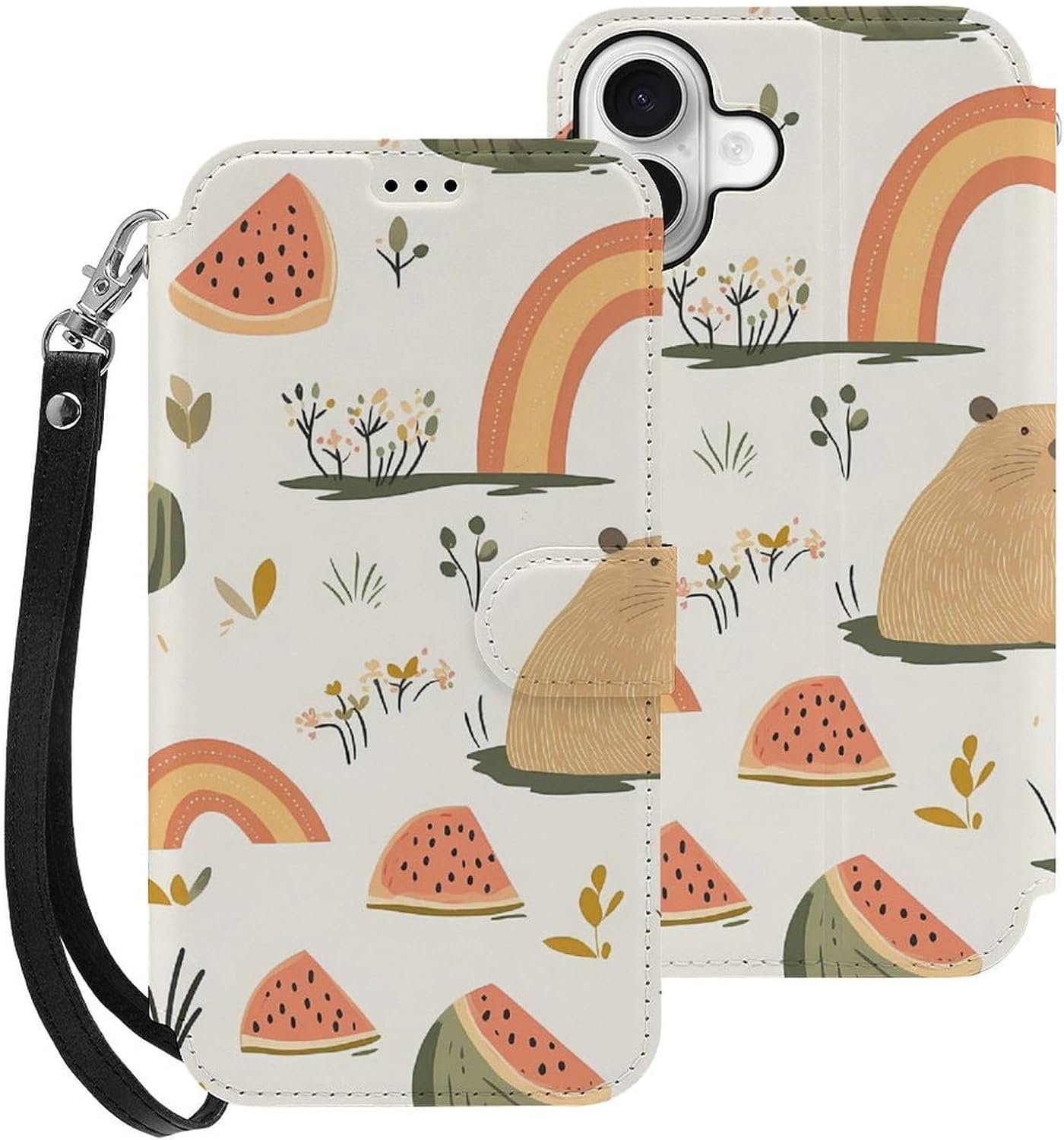 Capybara Rainbow Floral Watermelon Compatible with iPhone 16/16 Plus/16 Pro/16 Pro Max/16 E Case Phone Wallet Card Holder Flip Cover with Wrist Strap