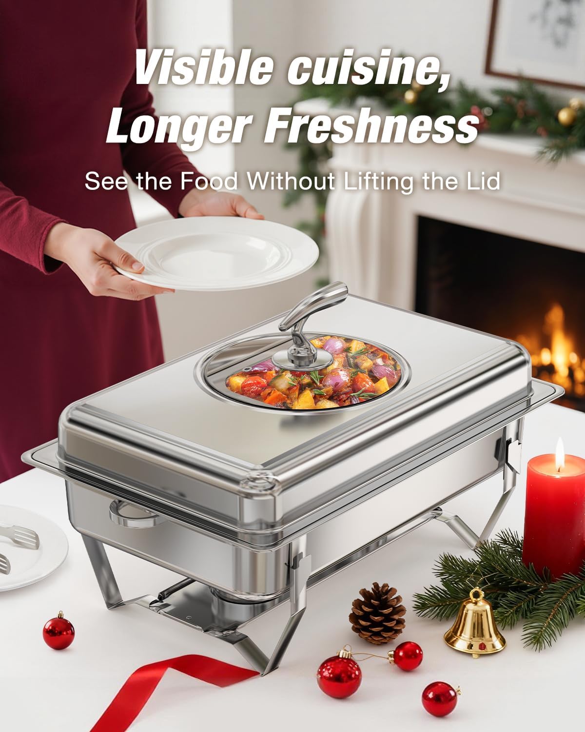 WARMOUNTS Rectangular Chafing Dishes for Buffet with Glass Lid (9QT, 4 Pack), Large Chafers and Buffet Warmers Set w/Mirror-Polished Stainless Steel, Rolled Rim, Lid Holder, Foldable Frame for Party