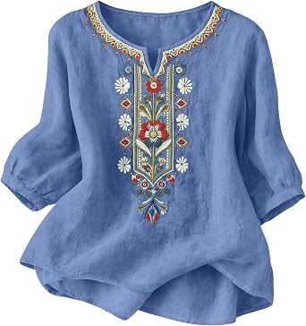 Linen Shirts for Women Trendy Summer Boho Embroidered 3/4 Length Sleeve Women Tops Dressy Casual Blouse Vacation Top