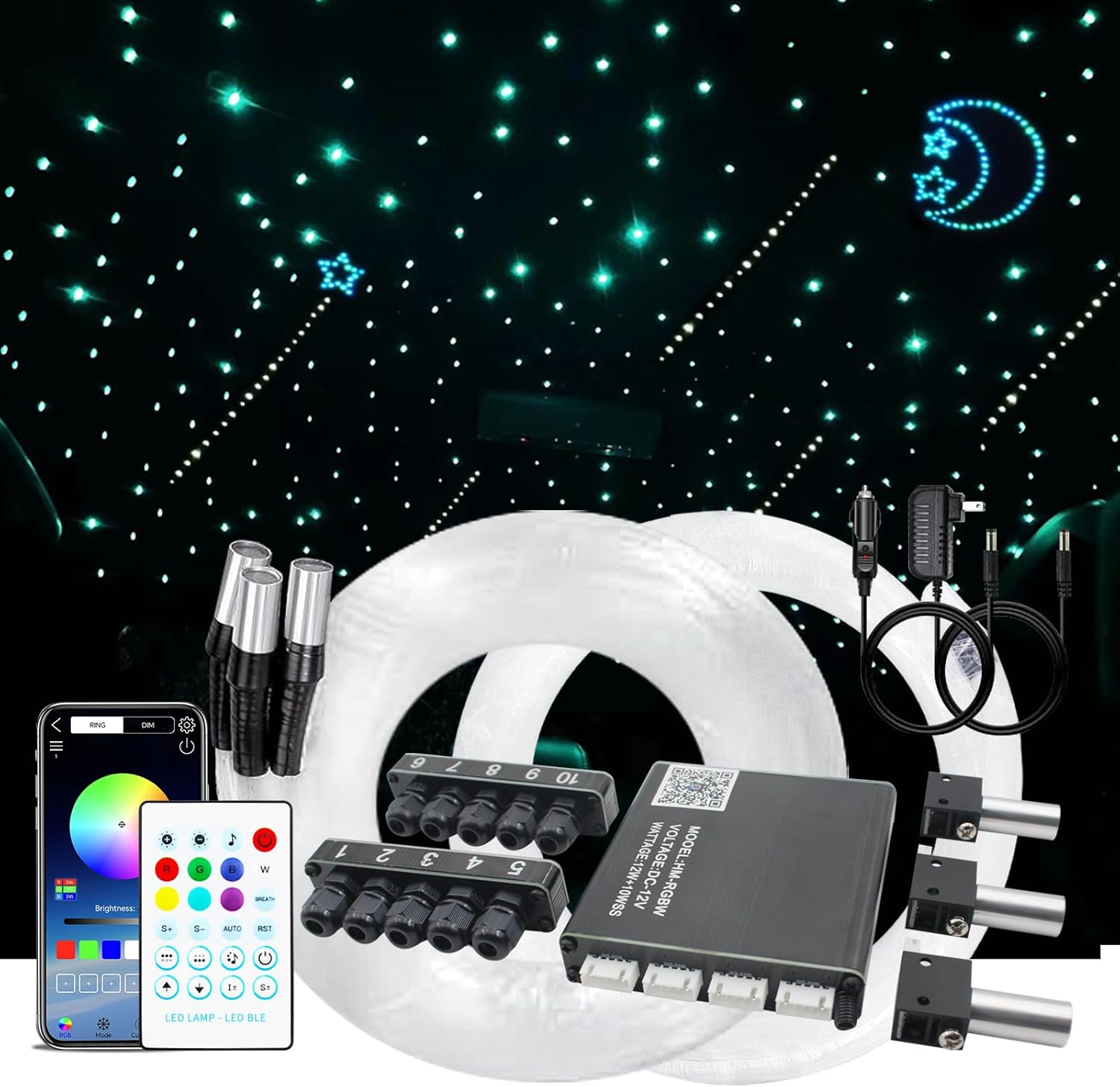 Split 3+10 Holes 12W RGBW Car Starlight Headliner Kit 1030pcs*0.02in*4.9ft with APP & Remote & Fiber Optic Strands, Star Roof Lights Star Ceiling Lights for Car/Home Decor