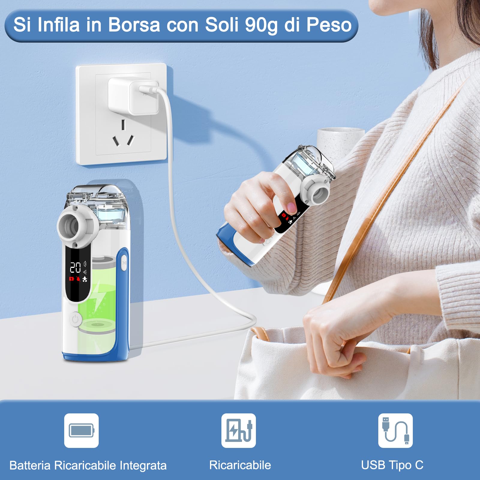 Aerosol Portatile Silenzioso per Adulti e Bambini,USB-C Ricaricabile Aerosol Ultrasuoni con Display Digitale Intelligente,Macchina Aerosol Inalatore per Viaggi e Uso Domestico