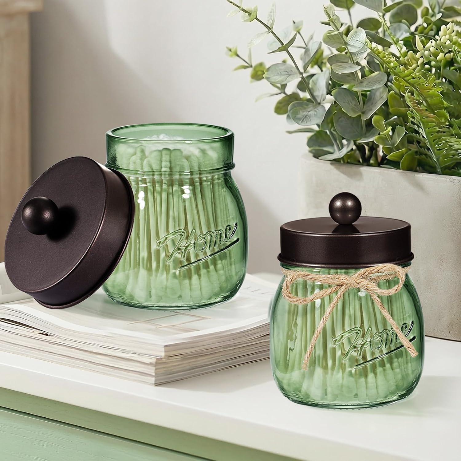 SheeChung 3 Pack Green Glass Mason Jar Qtip Holder Dispenser, Bronze Lids image 4