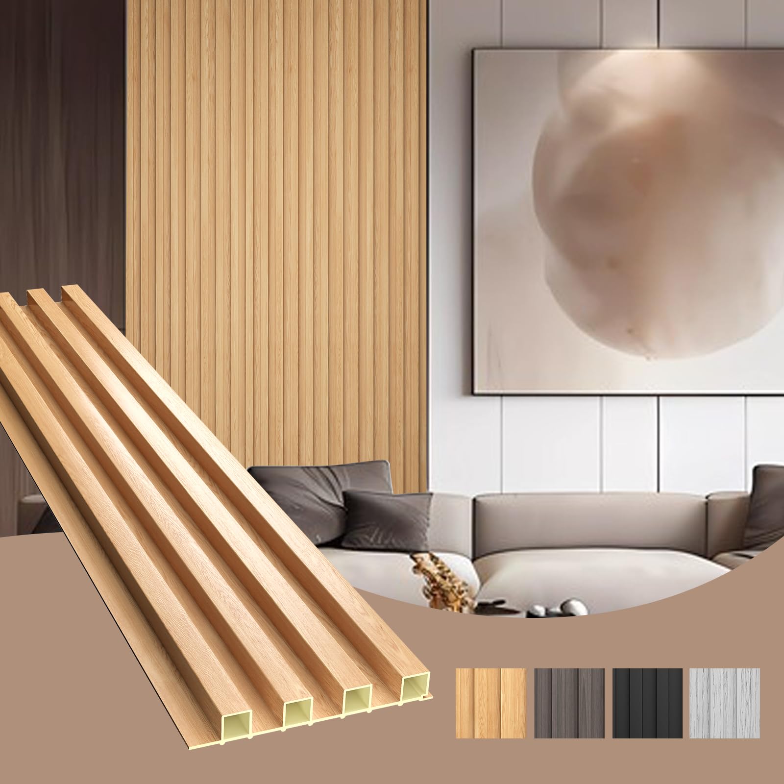 OUZUGIE WPC Acoustic Slat Wall Paneling, 8-Pack 96 x 6 Inches 3D Wall Panels for Interior Wall Decor,Living Room,TV Background,Study Room,Office Spaces,Bedroom,High Grille (Oak)