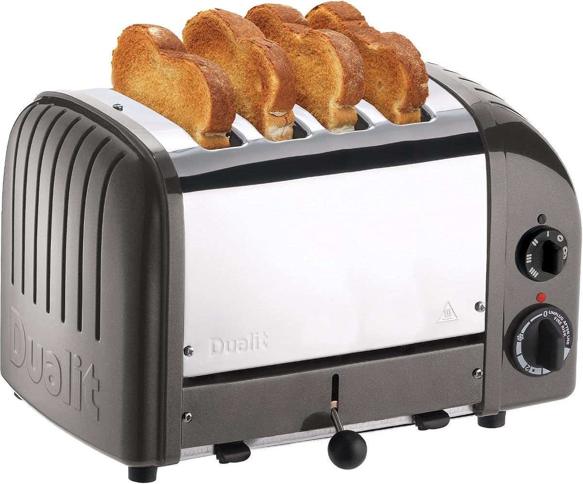 Tostadora NewGen Dualit Classic de 4 rebanadas - Acero inoxidable - Construida a mano en el Reino Unido - Elementos ProHeat reemplazables - Descongelar pan - Temporizador mecánico - Tostadora clásica de carbón