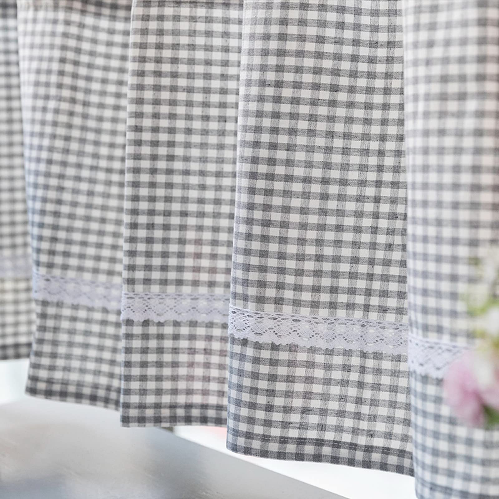 A.Monamour Gardine Scheibengardinen Kurzstores Tab-Top Grau Kariert Baumwolle Leinen Blickdicht Mit Spitze Kurzvorhang Kurzgardinen Küchengardine Küche Vorhang Fenster Kurz Stores Bistrogardine