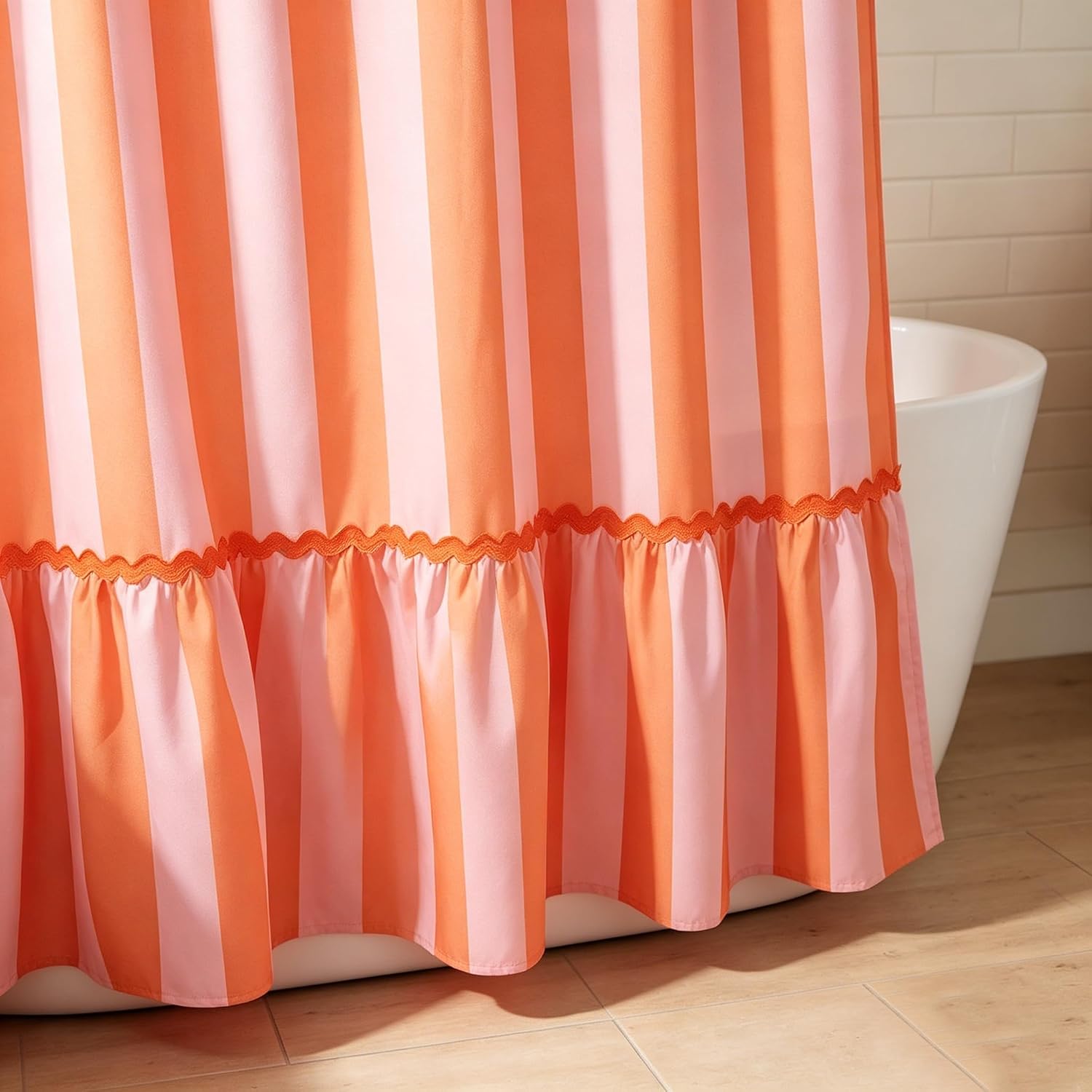 Boomkin Pink and Orange Striped Shower Curtain with Ruffle and RIC Rac Trim | Playful Vintage Bathroom Curtain, Whimsical Maximalism Aesthetic Bath Decor, Water-Resistant Fabric Bath Curtain 72 x 72 Inch