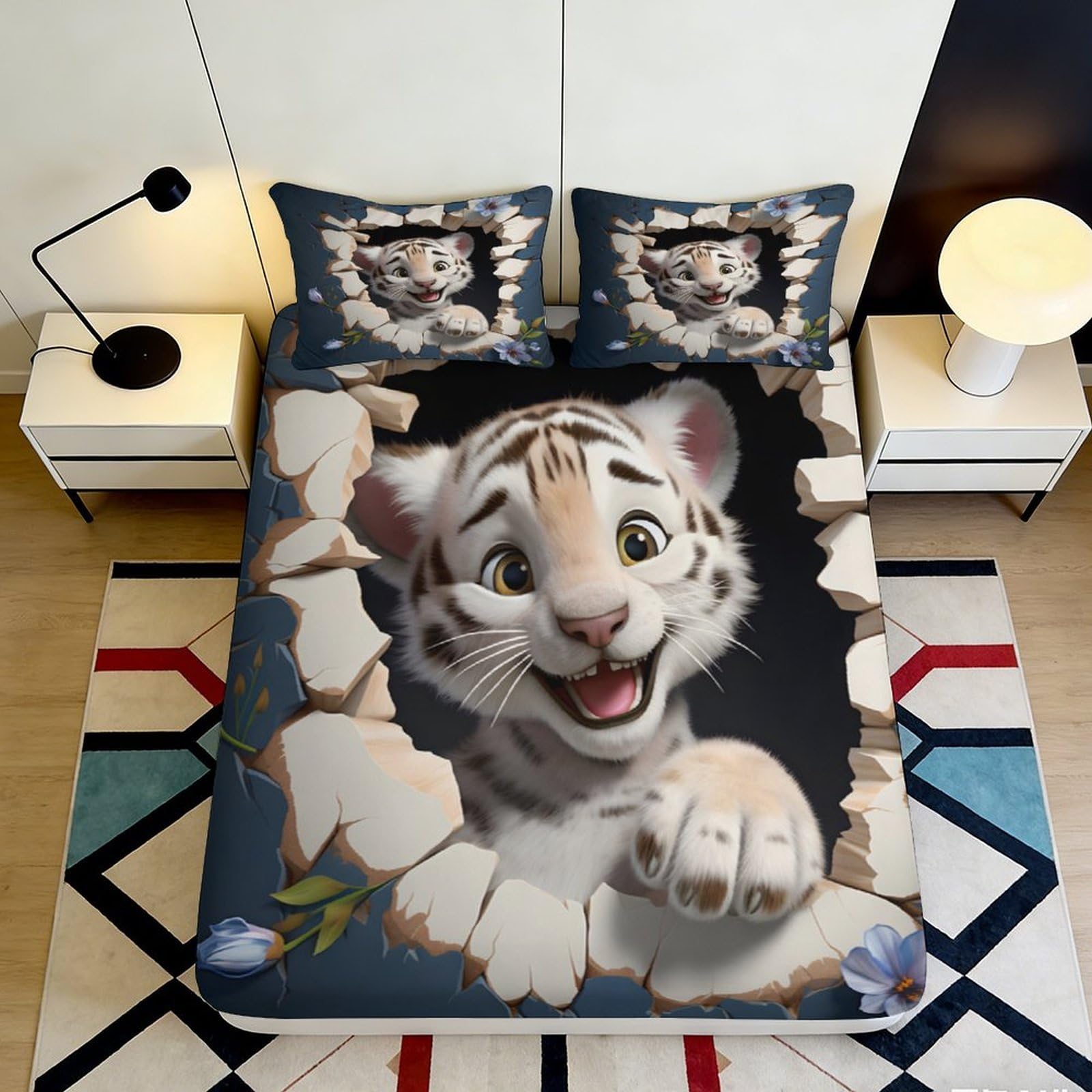 3D Printed Cute Tiger Cub Fitted Sheet Microfiber Soft Breathable Playful Tiger Design Mattress Cover for Bedroom Dormitory Guest Room Decor Protection 120x200x25cm